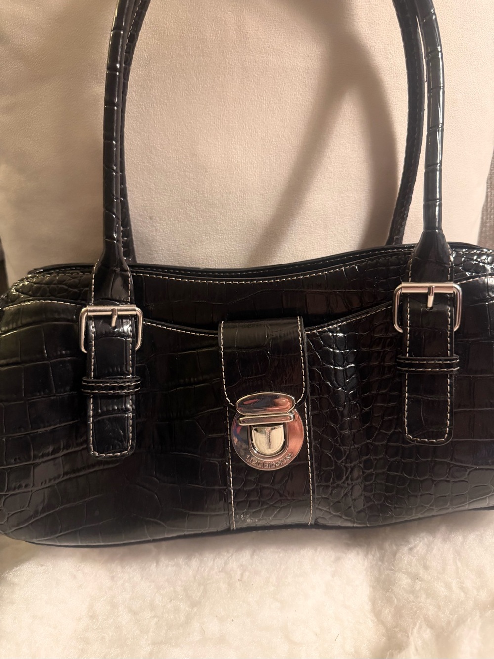 Black Croc-Embossed Shoulder Bag with Polished Silver Turn-Lock